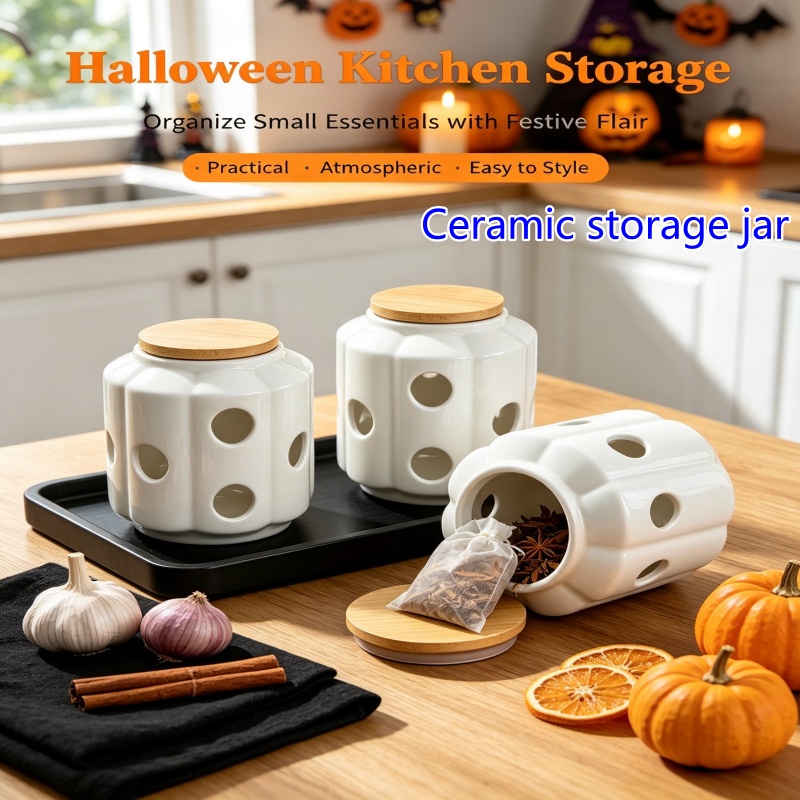 Candle Holder Decor - โหลเก็บของเซรามิกสไตล์นอร์ดิกใหม่ ที่วางเทียนฮาโลวีน ที่จัดระเบียบโต๊ะ ภาชนะใส่เครื่องเทศในครัว ของตกแต่งบ้าน ฝาไม้ไผ่