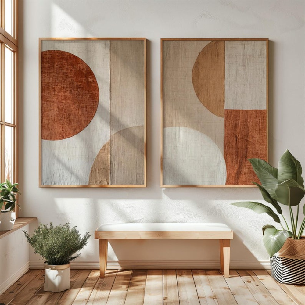 Abstract Canvas Set - ภาพวาดบนผ้าใบไร้กรอบ 2 ชิ้น/ชุด ภาพพิมพ์บนผ้าใบลายเรขาคณิตสีเบจแบบนามธรรม ศิลปะมินิมอลลิสต์ลายดินเหนียว ตกแต่งผนัง